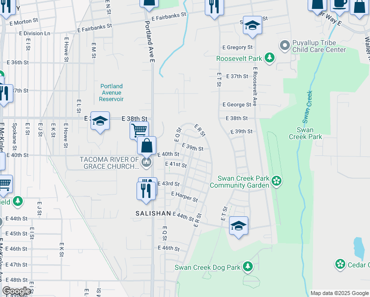 map of restaurants, bars, coffee shops, grocery stores, and more near 1751 East 39th Street in Tacoma