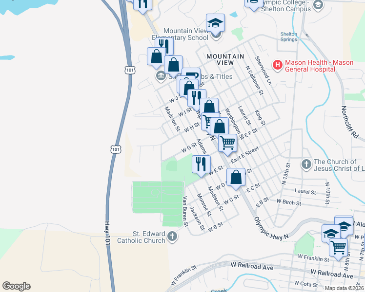 map of restaurants, bars, coffee shops, grocery stores, and more near 310 W G St in Shelton