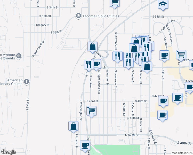 map of restaurants, bars, coffee shops, grocery stores, and more near 3834 South Puget Sound Avenue in Tacoma