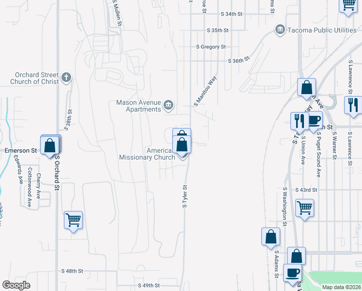 map of restaurants, bars, coffee shops, grocery stores, and more near 3929 Mason Loop Road in Tacoma