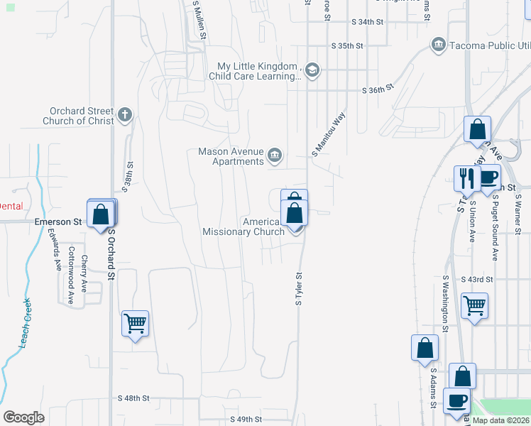 map of restaurants, bars, coffee shops, grocery stores, and more near 3947 Mason Loop Road in Tacoma