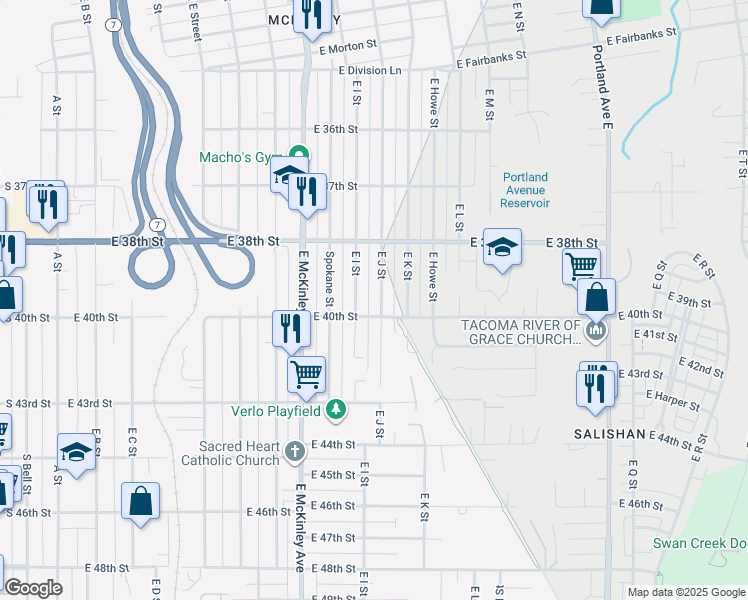 map of restaurants, bars, coffee shops, grocery stores, and more near 3848 East J Street in Tacoma