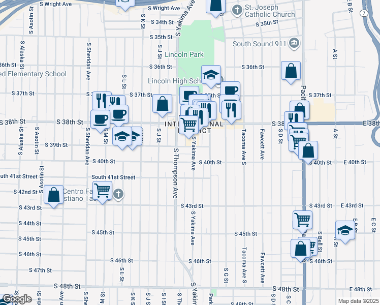 map of restaurants, bars, coffee shops, grocery stores, and more near 3910 South Yakima Avenue in Tacoma