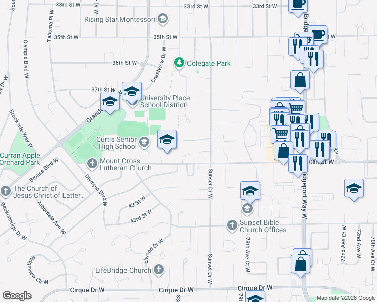 map of restaurants, bars, coffee shops, grocery stores, and more near 3910 82nd Avenue West in University Place
