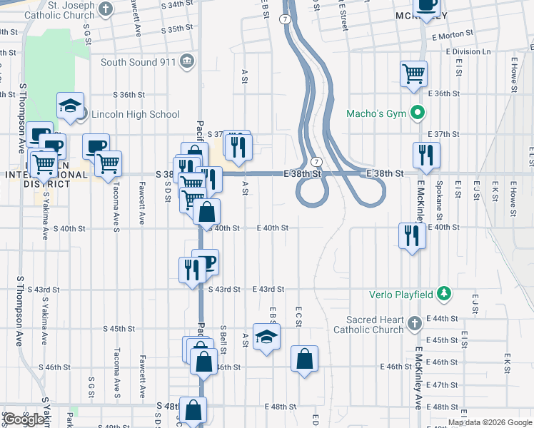 map of restaurants, bars, coffee shops, grocery stores, and more near 3844 East B Street in Tacoma