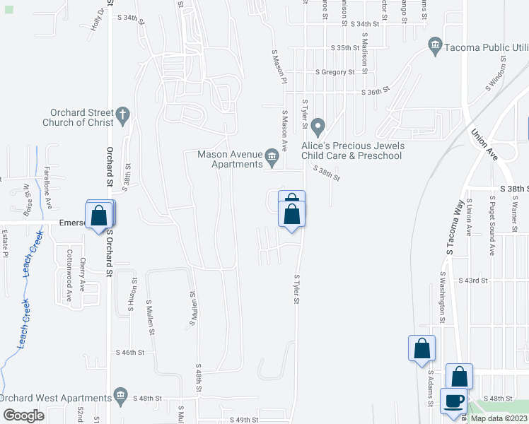 map of restaurants, bars, coffee shops, grocery stores, and more near 3947 Mason Loop Road in Tacoma