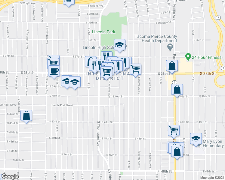 map of restaurants, bars, coffee shops, grocery stores, and more near 3910 South Yakima Avenue in Tacoma