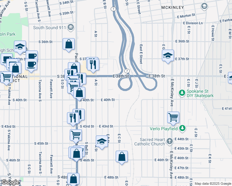 map of restaurants, bars, coffee shops, grocery stores, and more near 3844 East C Street in Tacoma