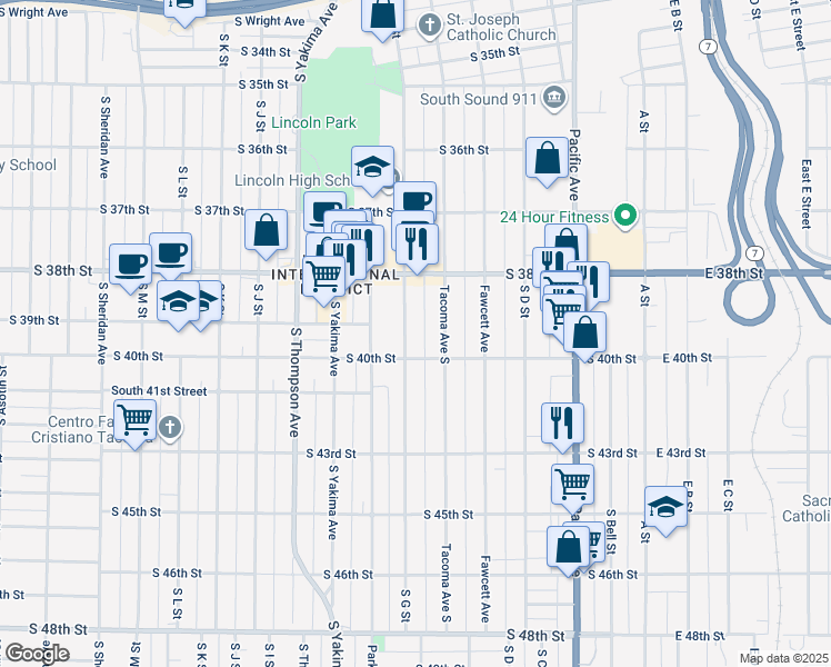 map of restaurants, bars, coffee shops, grocery stores, and more near 3843 South G Street in Tacoma