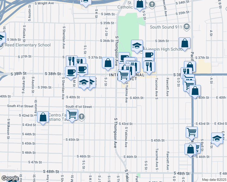 map of restaurants, bars, coffee shops, grocery stores, and more near 3906 South Thompson Avenue in Tacoma