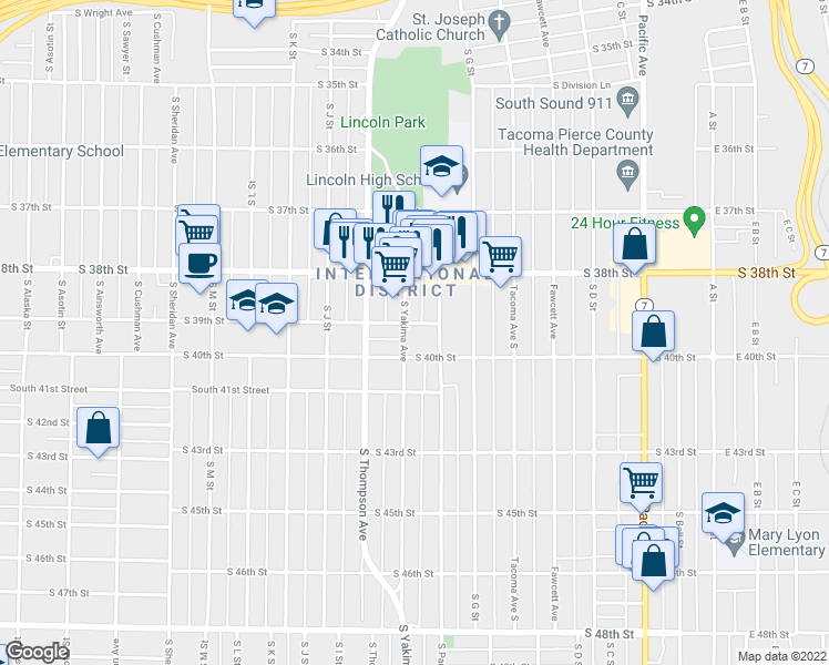 map of restaurants, bars, coffee shops, grocery stores, and more near 766 South 39th Street in Tacoma