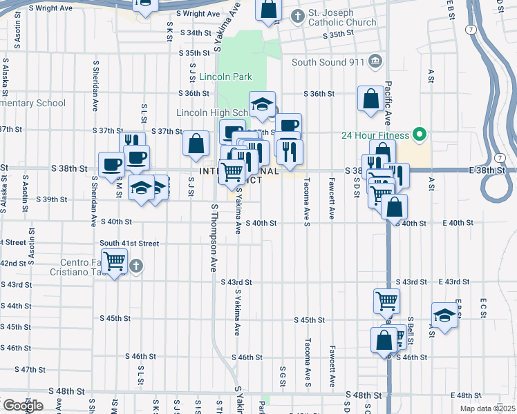 map of restaurants, bars, coffee shops, grocery stores, and more near 3904 Park Avenue South in Tacoma