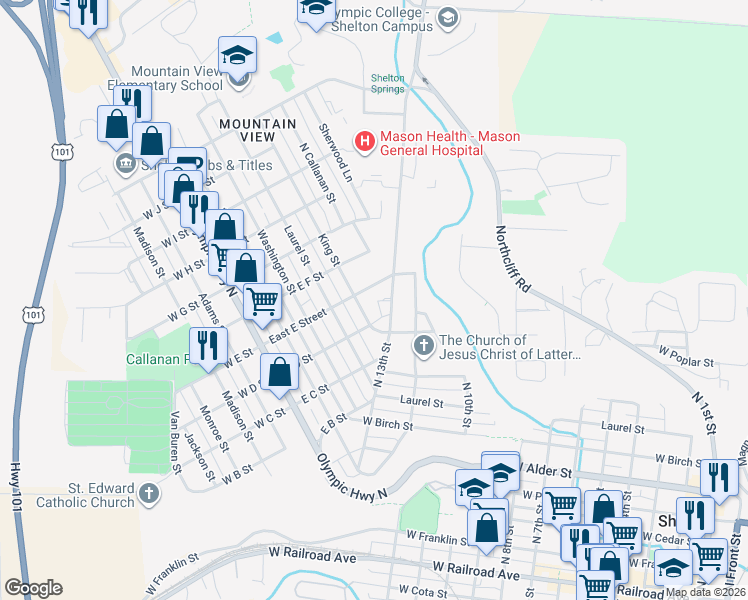 map of restaurants, bars, coffee shops, grocery stores, and more near 1125 North 13th Street in Shelton