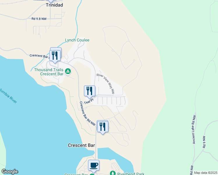 map of restaurants, bars, coffee shops, grocery stores, and more near 9210 River View Way Northwest in Quincy