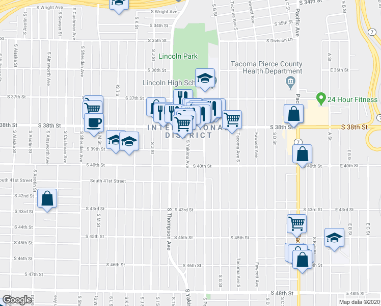 map of restaurants, bars, coffee shops, grocery stores, and more near 3910 South Yakima Avenue in Tacoma