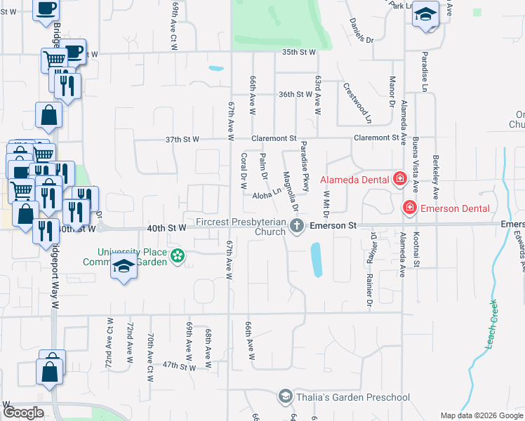map of restaurants, bars, coffee shops, grocery stores, and more near 1339 Coral Drive in Fircrest