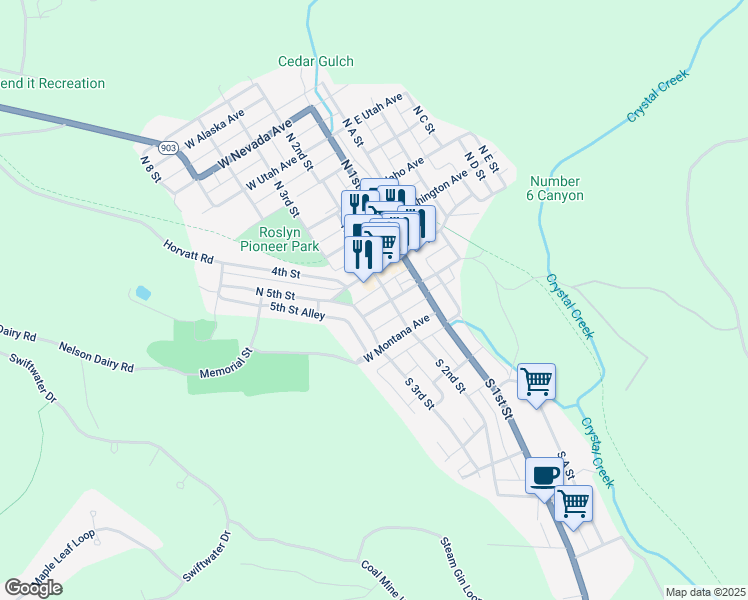 map of restaurants, bars, coffee shops, grocery stores, and more near 205 West Dakota Avenue in Roslyn