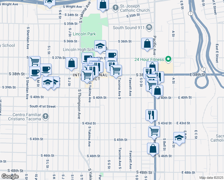 map of restaurants, bars, coffee shops, grocery stores, and more near 3843 South G Street in Tacoma