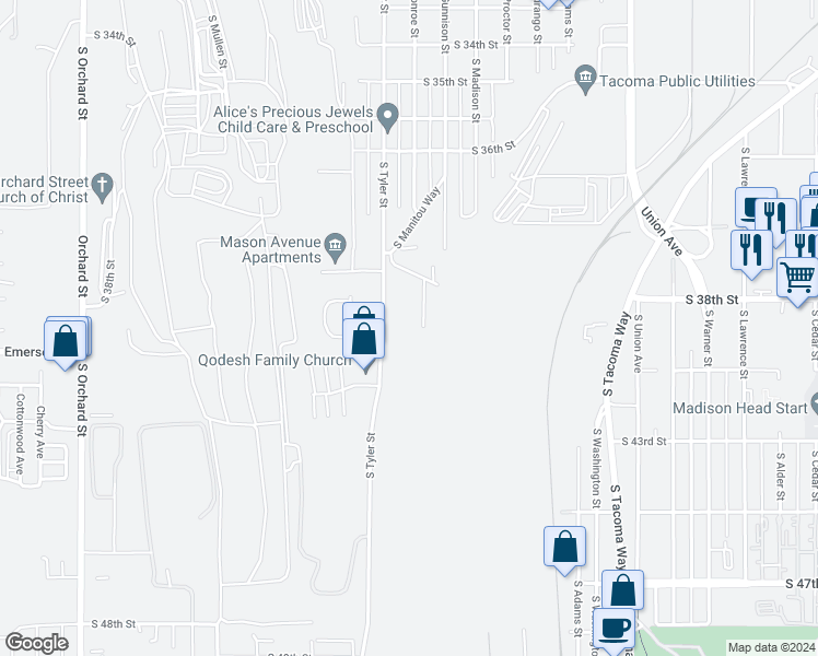 map of restaurants, bars, coffee shops, grocery stores, and more near 3921 South Tyler Street in Tacoma