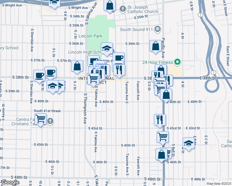 map of restaurants, bars, coffee shops, grocery stores, and more near 3843 South G Street in Tacoma
