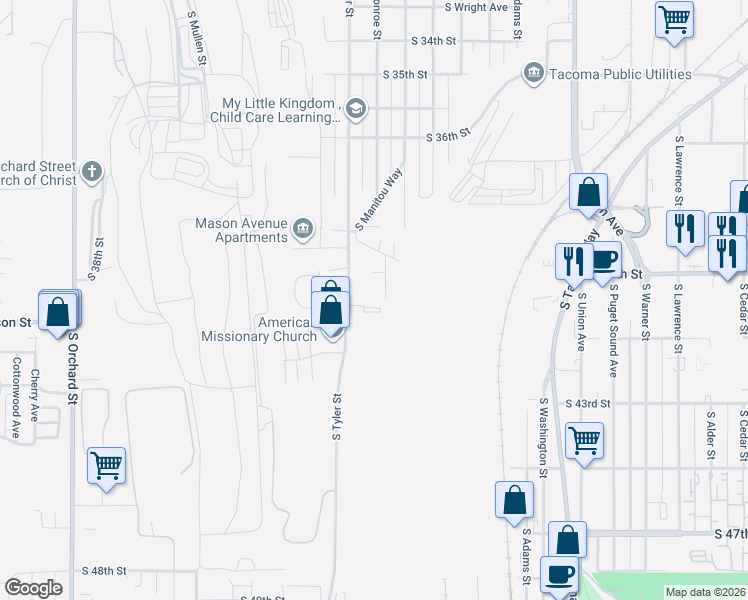 map of restaurants, bars, coffee shops, grocery stores, and more near 3917 South Tyler Street in Tacoma