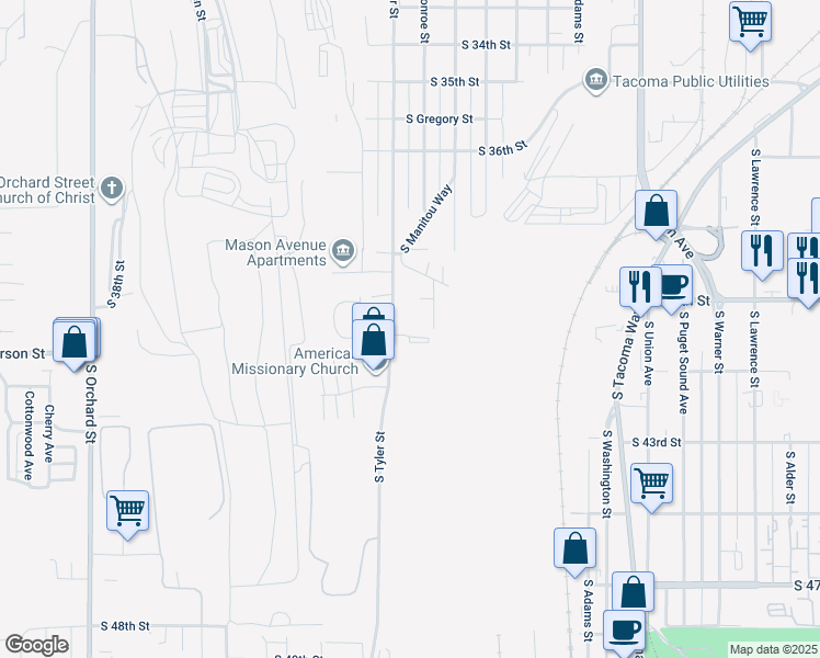 map of restaurants, bars, coffee shops, grocery stores, and more near 3917 South Tyler Street in Tacoma