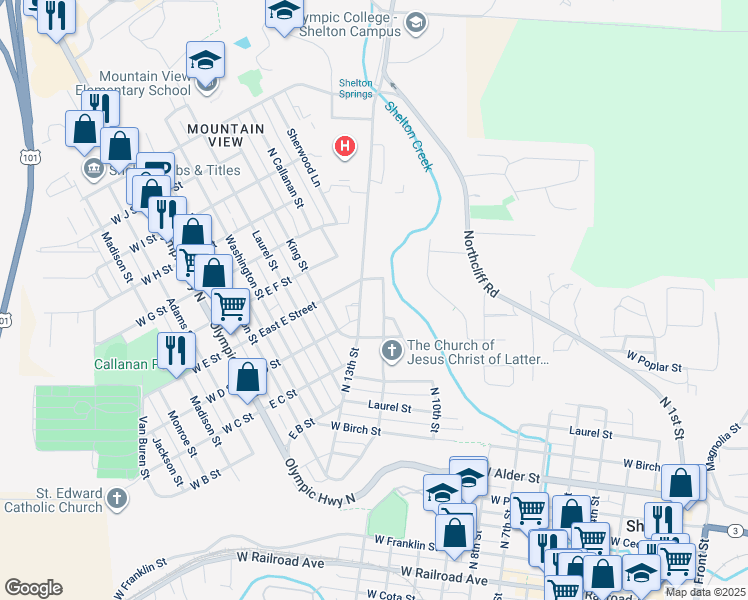 map of restaurants, bars, coffee shops, grocery stores, and more near 1100 North 13th Street in Shelton