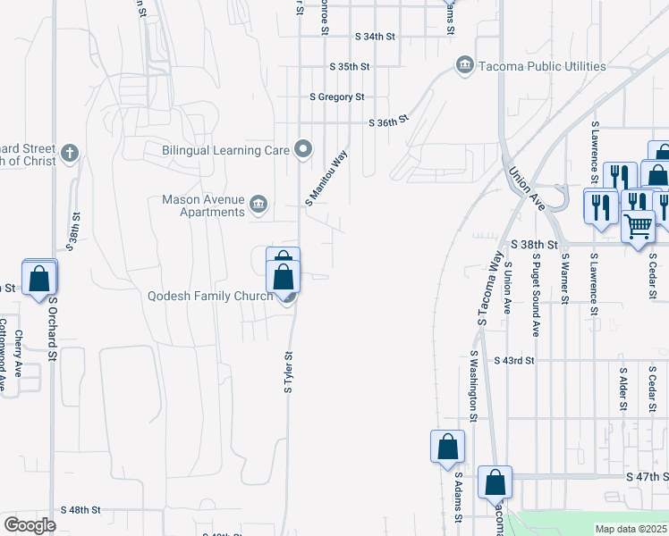 map of restaurants, bars, coffee shops, grocery stores, and more near 3915 South Monroe Street in Tacoma