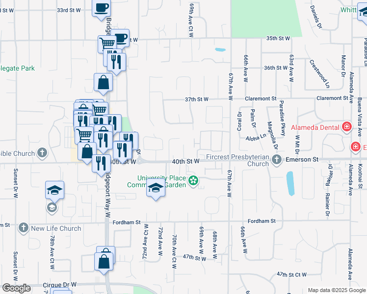 map of restaurants, bars, coffee shops, grocery stores, and more near 3914 70th Avenue Court West in University Place
