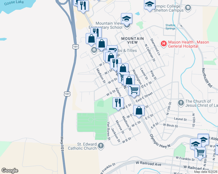 map of restaurants, bars, coffee shops, grocery stores, and more near 310 West G Street in Shelton