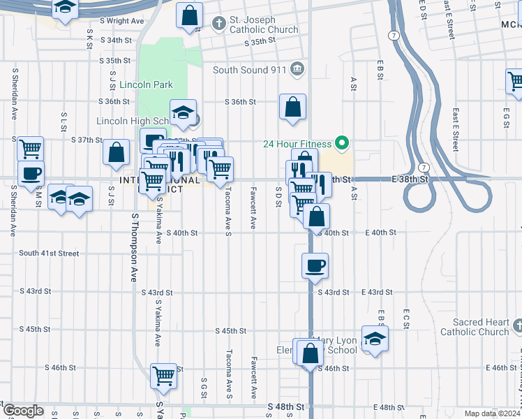 map of restaurants, bars, coffee shops, grocery stores, and more near 3833 South Fawcett Avenue in Tacoma