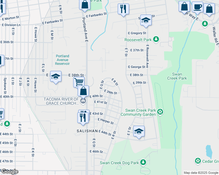 map of restaurants, bars, coffee shops, grocery stores, and more near 1742 East 38th Street in Tacoma