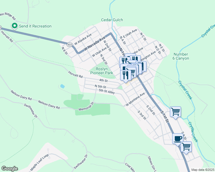 map of restaurants, bars, coffee shops, grocery stores, and more near 102 West 5th Street in Cle Elum