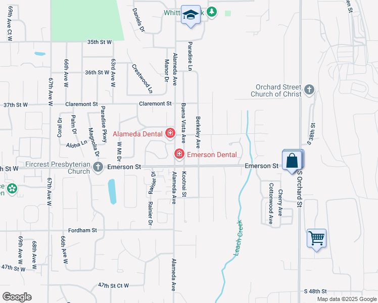 map of restaurants, bars, coffee shops, grocery stores, and more near 1332 Berkeley Avenue in Fircrest