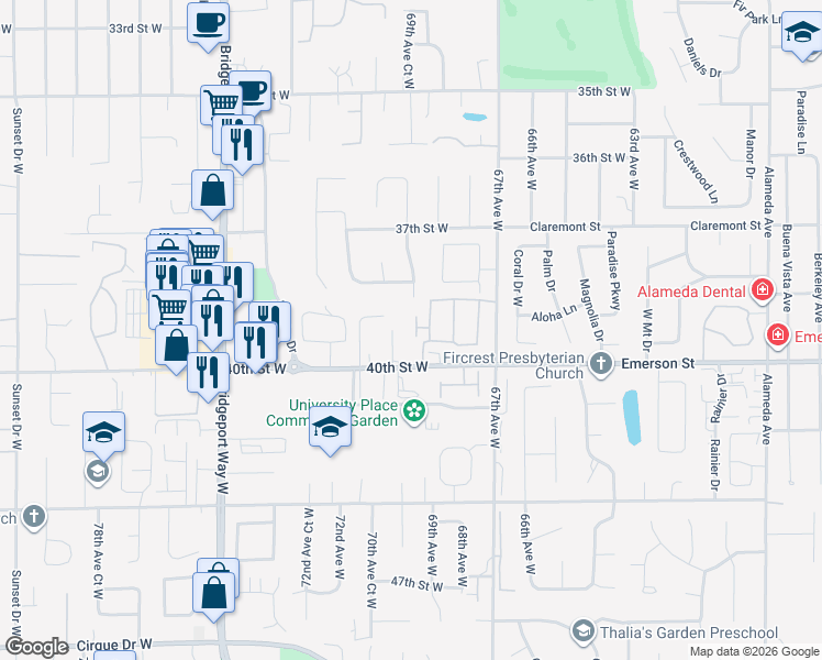 map of restaurants, bars, coffee shops, grocery stores, and more near 3914 70th Avenue Court West in University Place