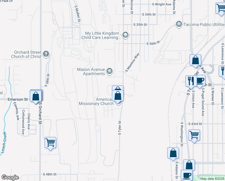 map of restaurants, bars, coffee shops, grocery stores, and more near 3929 Mason Loop Road in Tacoma