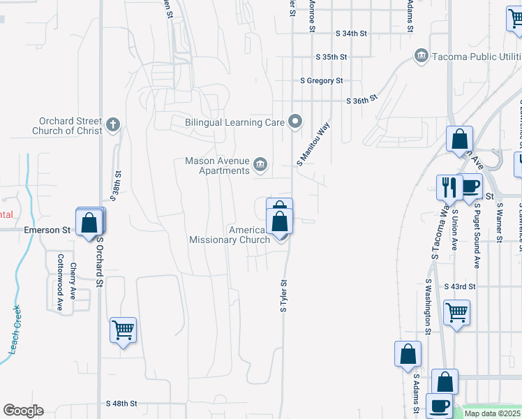 map of restaurants, bars, coffee shops, grocery stores, and more near 3947 Mason Loop Road in Tacoma