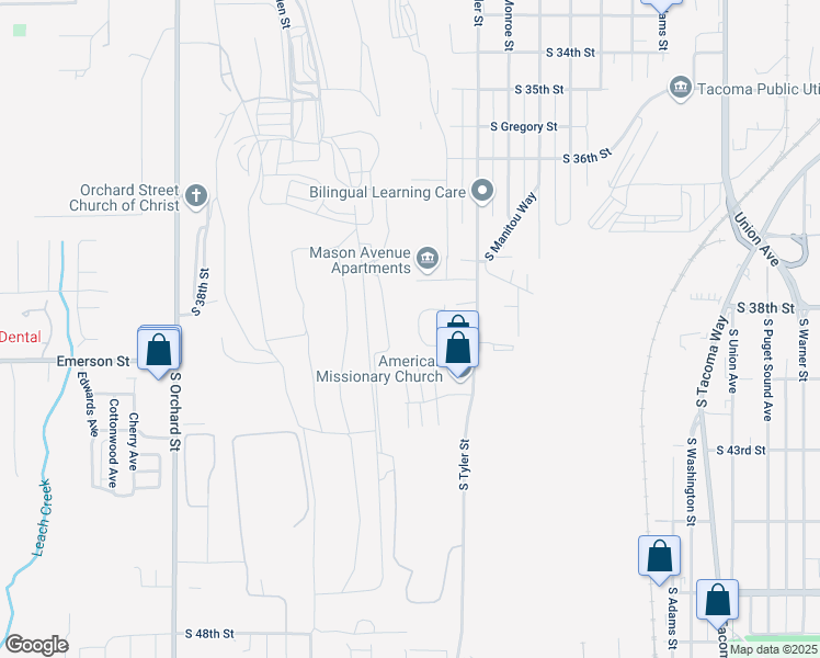map of restaurants, bars, coffee shops, grocery stores, and more near 3947 Mason Loop Road in Tacoma