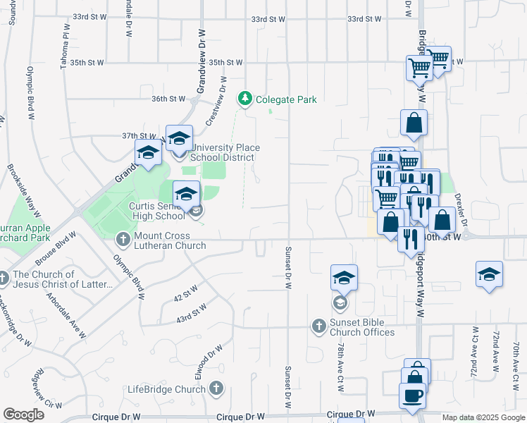 map of restaurants, bars, coffee shops, grocery stores, and more near 8204 38th Street Court West in University Place