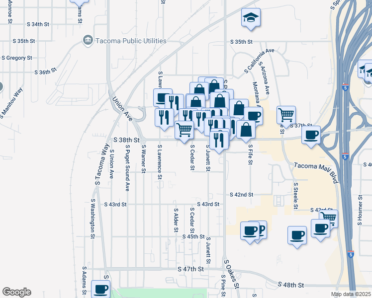 map of restaurants, bars, coffee shops, grocery stores, and more near 3814-4050 South Cedar Street in Tacoma