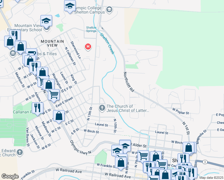 map of restaurants, bars, coffee shops, grocery stores, and more near 1255 Jones Street in Shelton