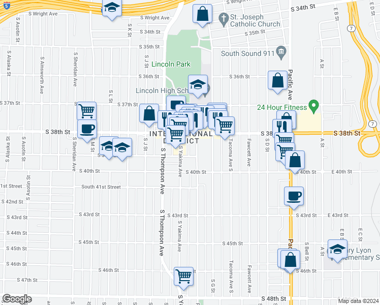 map of restaurants, bars, coffee shops, grocery stores, and more near 759 South 39th Street in Tacoma