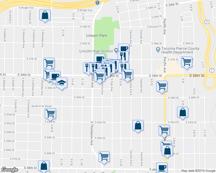 map of restaurants, bars, coffee shops, grocery stores, and more near 3904 Park Avenue South in Tacoma