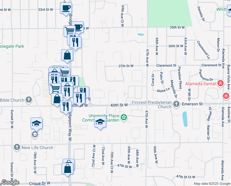 map of restaurants, bars, coffee shops, grocery stores, and more near 3914 70th Avenue Court West in University Place