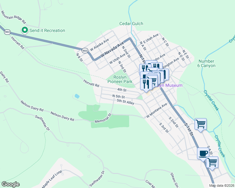 map of restaurants, bars, coffee shops, grocery stores, and more near 125 West 5th Street in Cle Elum