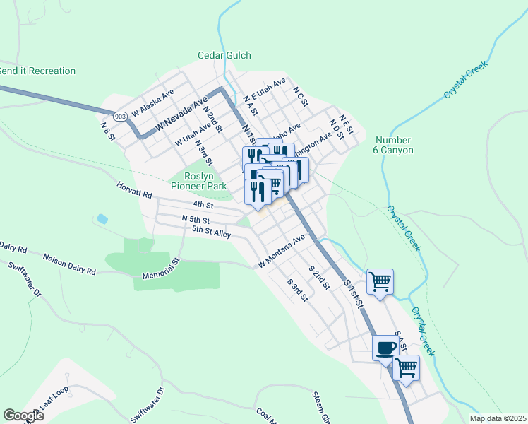 map of restaurants, bars, coffee shops, grocery stores, and more near 205 West Dakota Avenue in Roslyn