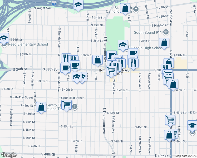 map of restaurants, bars, coffee shops, grocery stores, and more near 3908 South J Street in Tacoma