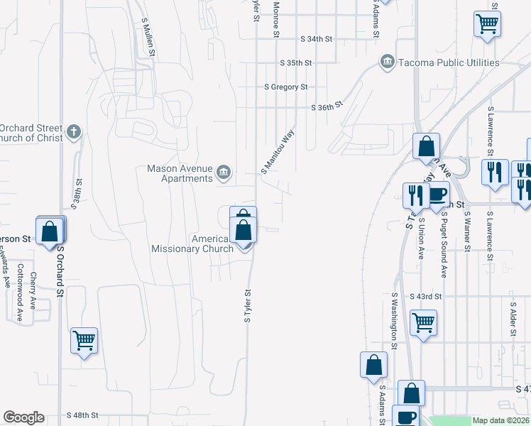 map of restaurants, bars, coffee shops, grocery stores, and more near 3917 South Tyler Street in Tacoma