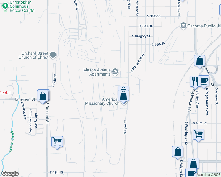 map of restaurants, bars, coffee shops, grocery stores, and more near 3947 Mason Loop Road in Tacoma