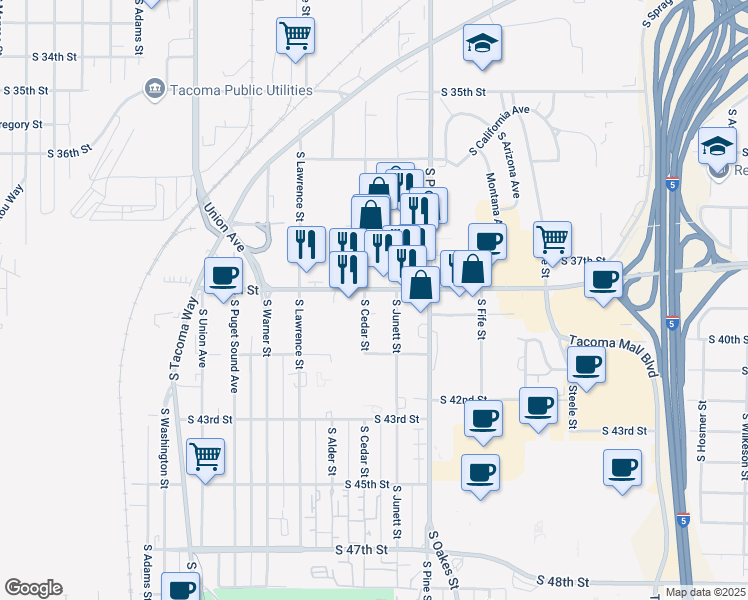 map of restaurants, bars, coffee shops, grocery stores, and more near 4050 South Cedar Street in Tacoma